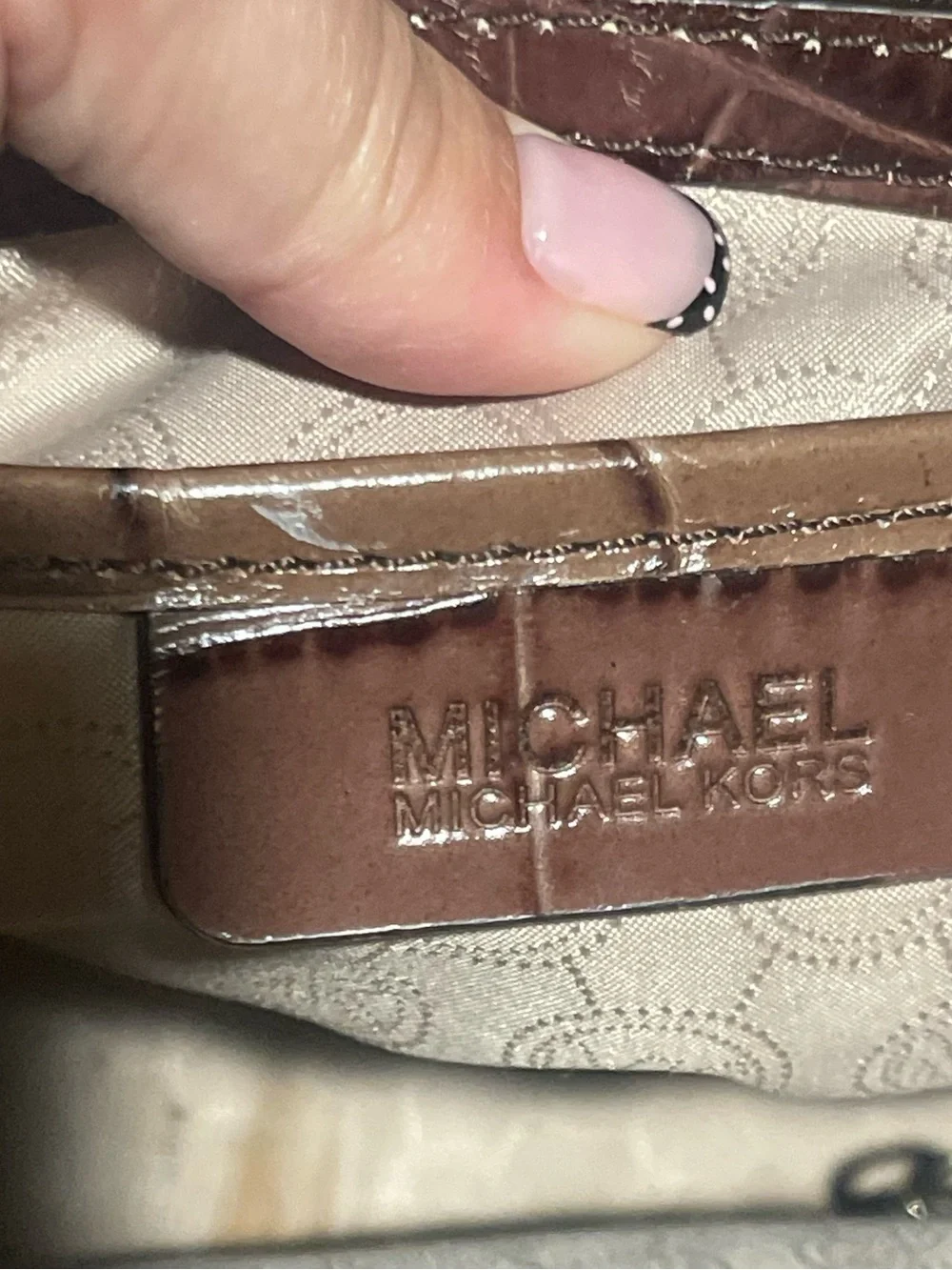 Michael Kors Two-Tone Brown Croc-Embossed Leather Satchel with Gold Hardware